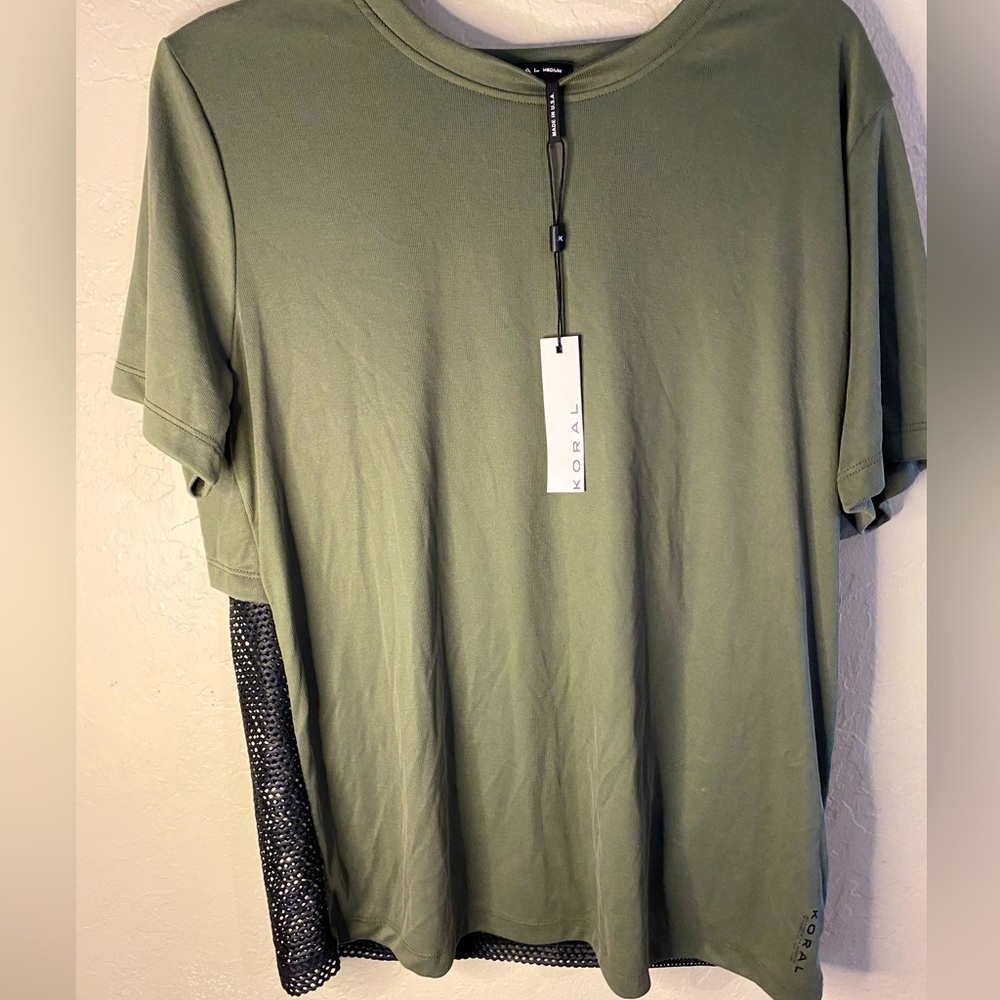 KORAL Activewear Arabela Marlow T-Shirt in;Juniper Black, with 1/2 mesh net back